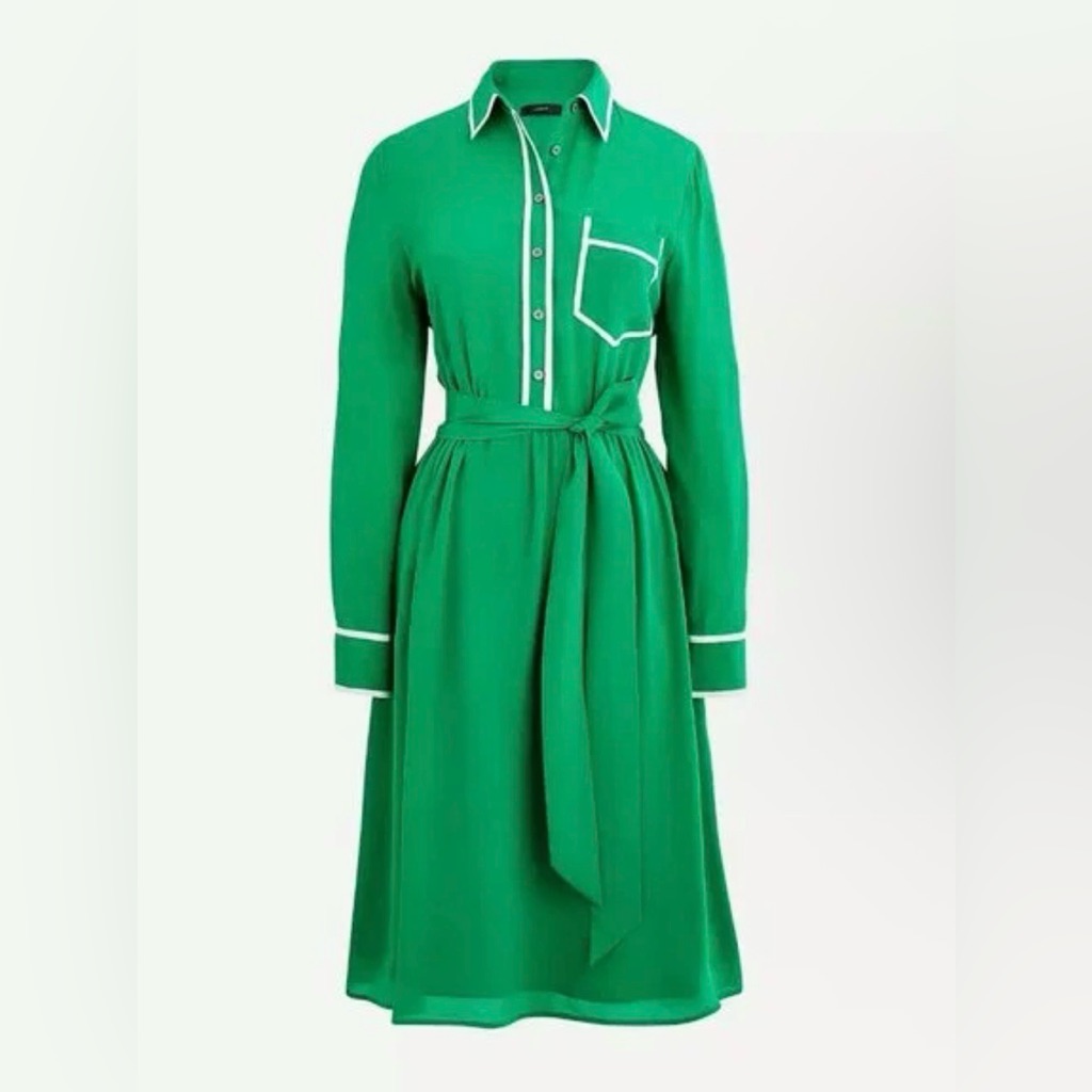J.Crew A-Line Silk Shirtdress In Warm Clover Belted Fit & Flare Dress 8